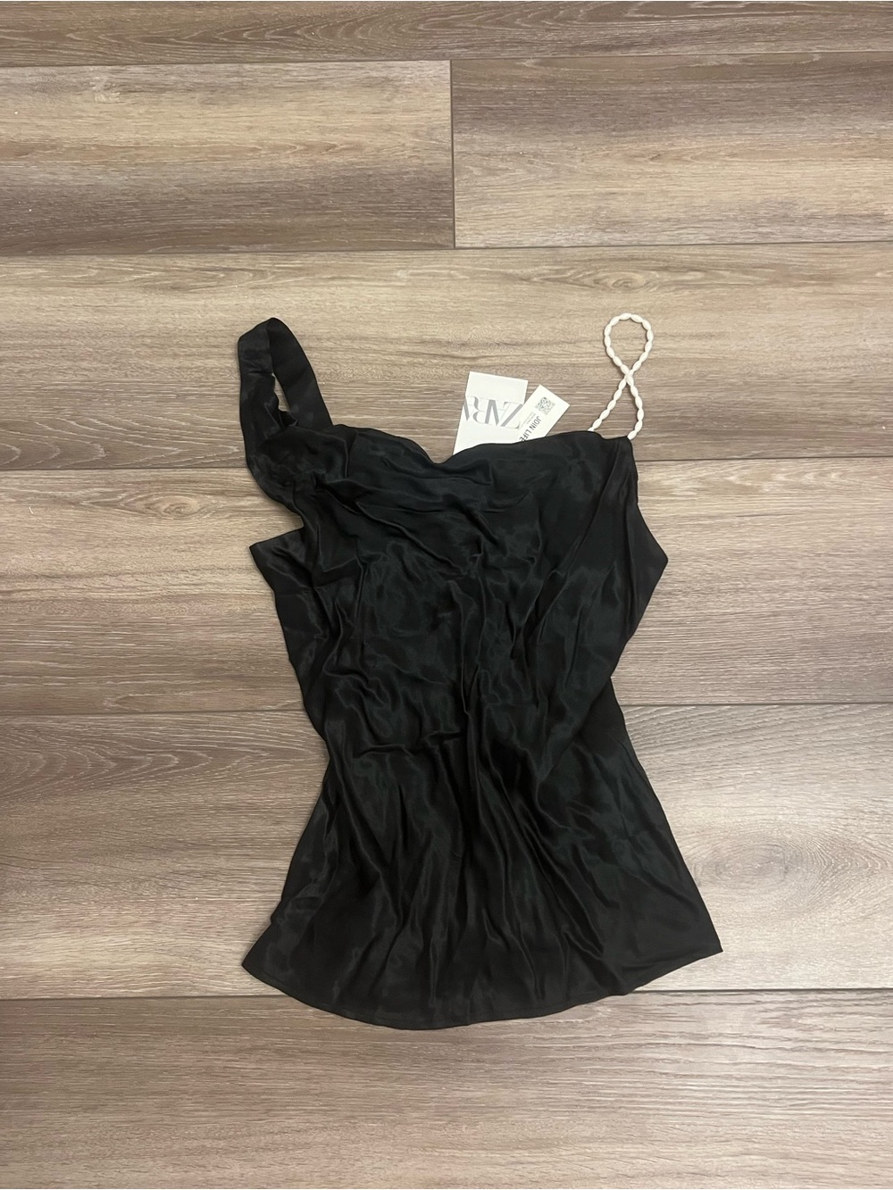Black Satin One Pearl Strap top